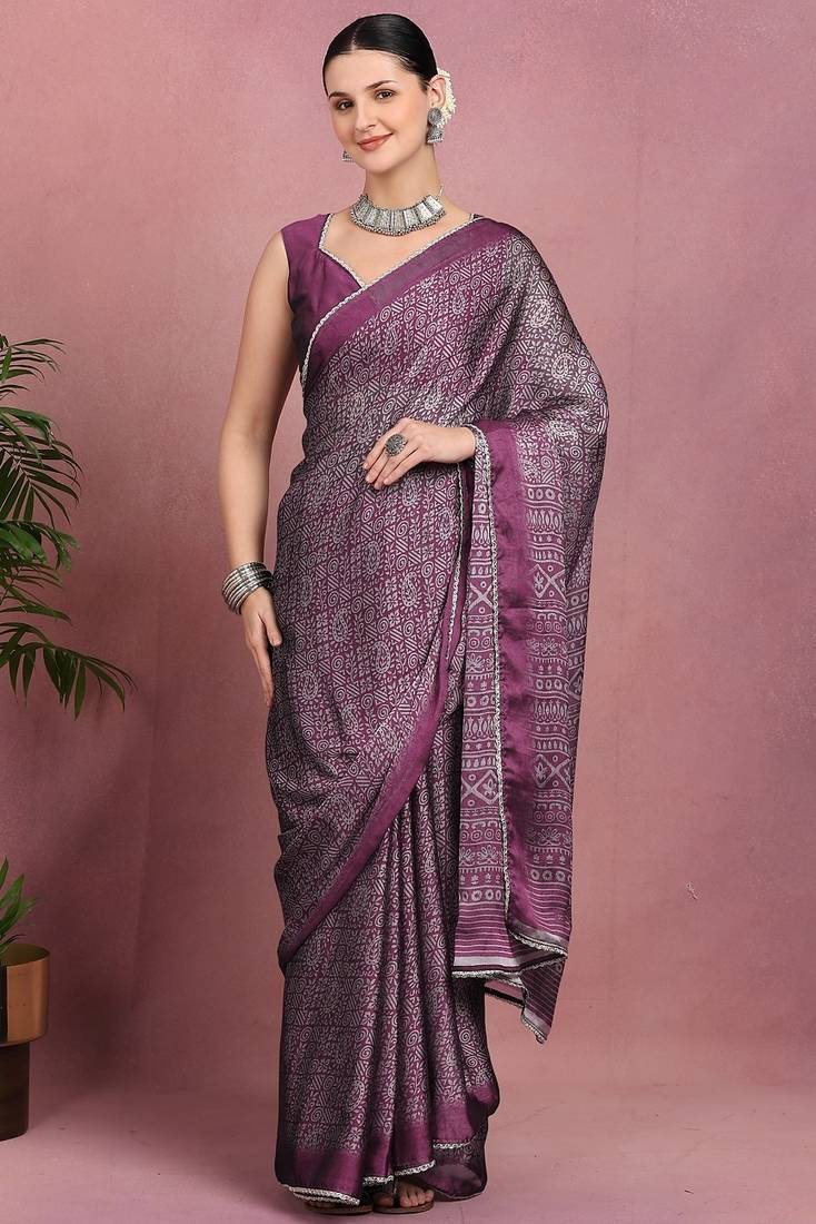 Mirchi fashion women's magenta floral printed chiffon saree with unstitched blouse piece