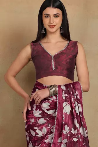 Mirchi fashion women's red floral printed chiffon saree with unstitched blouse piece