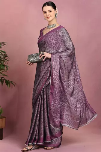 Mirchi fashion women's magenta floral printed chiffon saree with unstitched blouse piece