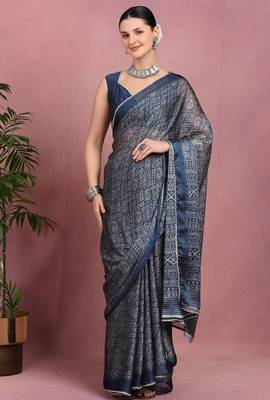 Mirchi fashion women's blue floral printed chiffon saree with unstitched blouse piece 1
