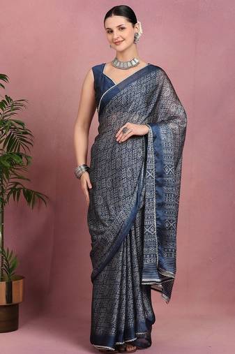 Mirchi fashion women's blue floral printed chiffon saree with unstitched blouse piece
