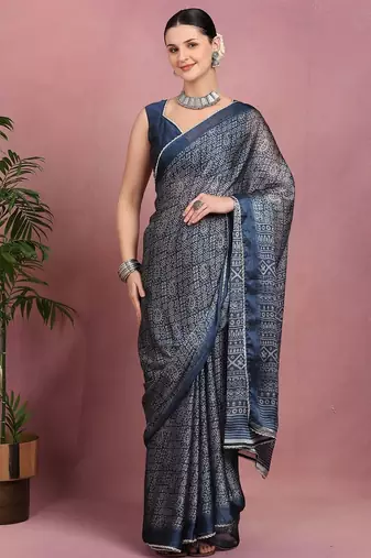Mirchi fashion women's blue floral printed chiffon saree with unstitched blouse piece