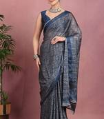Mirchi fashion women's blue floral printed chiffon saree with unstitched blouse piece