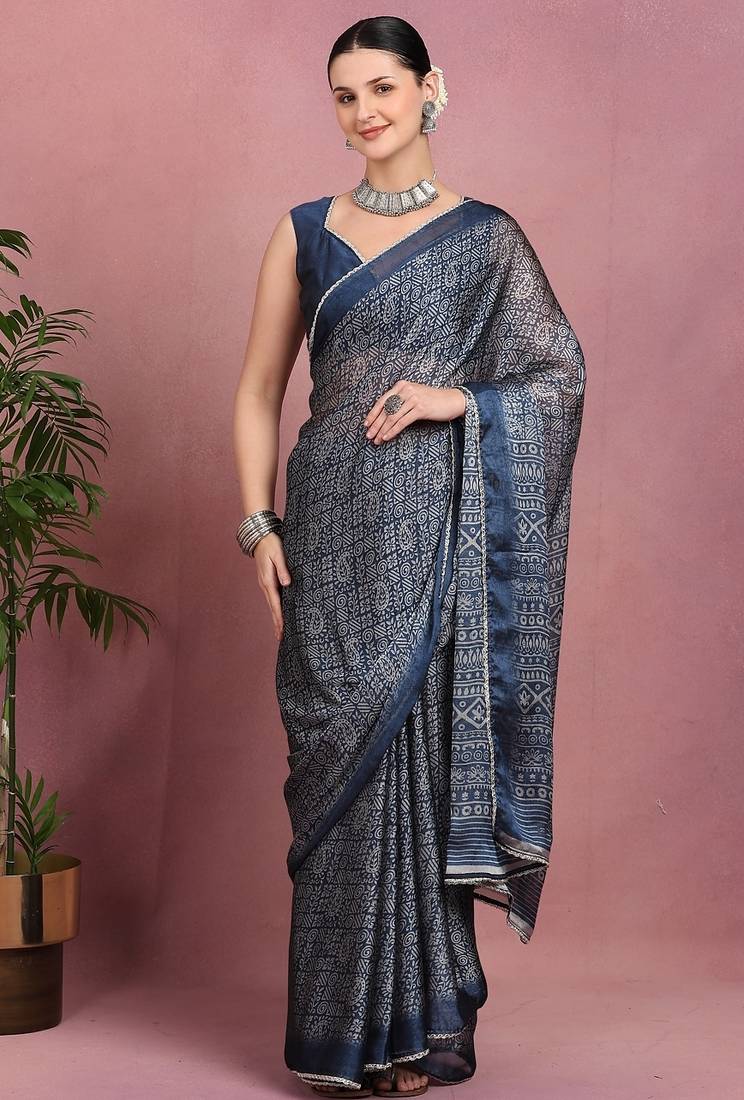 Mirchi fashion women's blue floral printed chiffon saree with unstitched blouse piece
