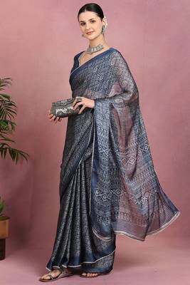 Mirchi fashion women's blue floral printed chiffon saree with unstitched blouse piece 2