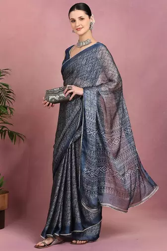 Mirchi fashion women's blue floral printed chiffon saree with unstitched blouse piece