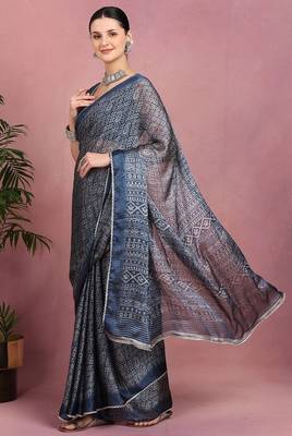Mirchi fashion women's blue floral printed chiffon saree with unstitched blouse piece 3