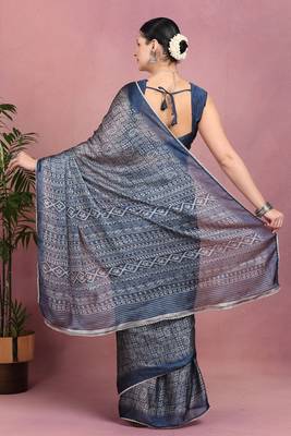 Mirchi fashion women's blue floral printed chiffon saree with unstitched blouse piece 4