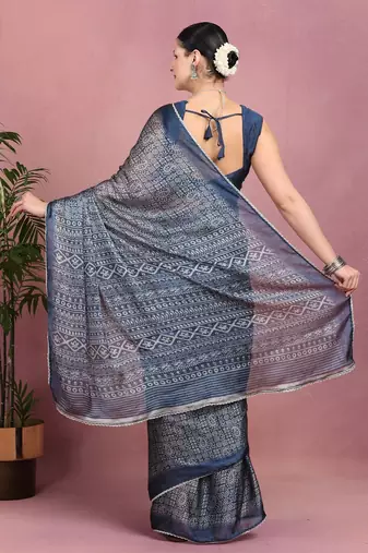 Mirchi fashion women's blue floral printed chiffon saree with unstitched blouse piece