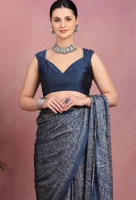 Mirchi fashion women's blue floral printed chiffon saree with unstitched blouse piece 5