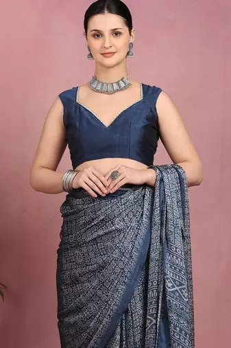 Mirchi fashion women's blue floral printed chiffon saree with unstitched blouse piece