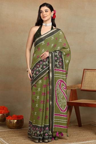 Mirchi fashion women's green ikkat block print viscose cotton saree with unstitched blouse piece