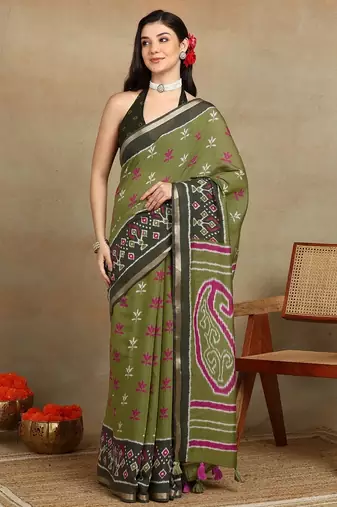 Mirchi fashion women's green ikkat block print viscose cotton saree with unstitched blouse piece