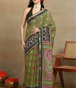 Mirchi fashion women's green ikkat block print viscose cotton saree with unstitched blouse piece