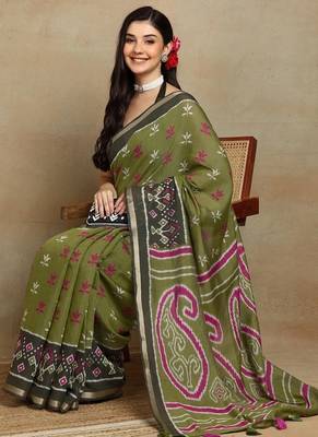 Mirchi fashion women's green ikkat block print viscose cotton saree with unstitched blouse piece 2