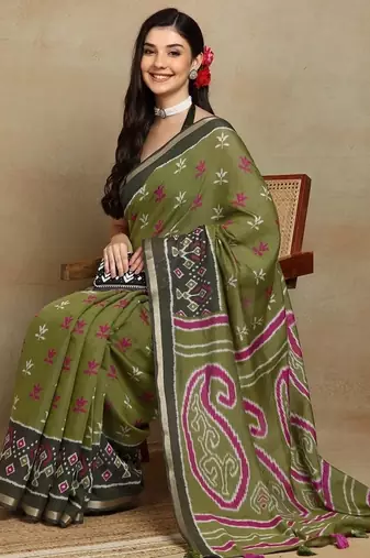 Mirchi fashion women's green ikkat block print viscose cotton saree with unstitched blouse piece