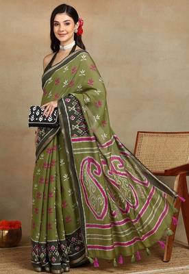 Mirchi fashion women's green ikkat block print viscose cotton saree with unstitched blouse piece 3