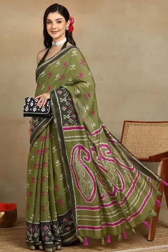 Mirchi fashion women's green ikkat block print viscose cotton saree with unstitched blouse piece