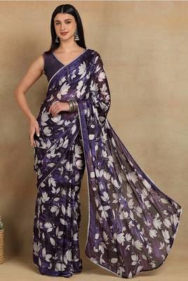 Mirchi fashion women's purple floral printed chiffon saree with unstitched blouse piece 1