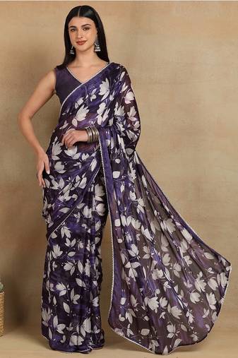 Mirchi fashion women's purple floral printed chiffon saree with unstitched blouse piece