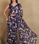 Mirchi fashion women's purple floral printed chiffon saree with unstitched blouse piece