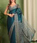Mirchi fashion women's teal paisley kalamkari print chiffon saree with unstitched blouse piece