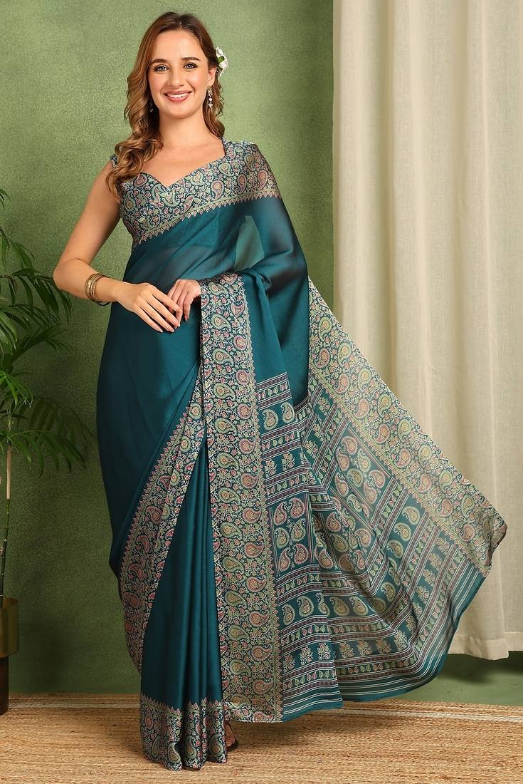 Mirchi fashion women's teal paisley kalamkari print chiffon saree with unstitched blouse piece