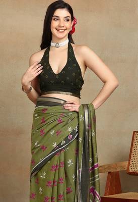 Mirchi fashion women's green ikkat block print viscose cotton saree with unstitched blouse piece 4