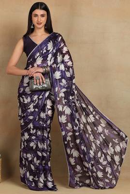 Mirchi fashion women's purple floral printed chiffon saree with unstitched blouse piece 2