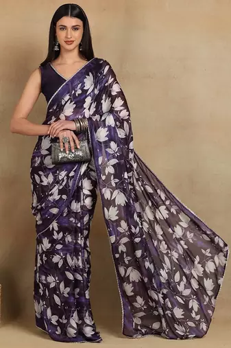 Mirchi fashion women's purple floral printed chiffon saree with unstitched blouse piece