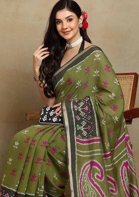 Mirchi fashion women's green ikkat block print viscose cotton saree with unstitched blouse piece 5