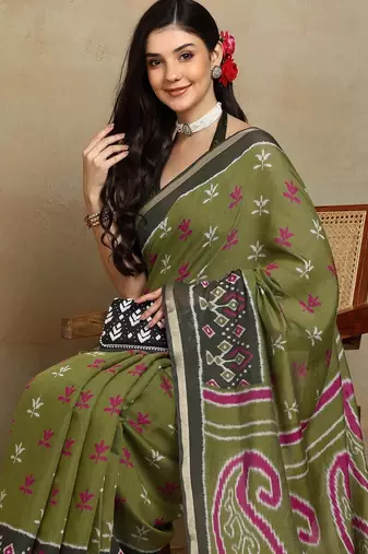 Mirchi fashion women's green ikkat block print viscose cotton saree with unstitched blouse piece