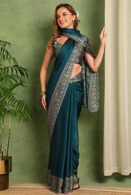 Mirchi fashion women's teal paisley kalamkari print chiffon saree with unstitched blouse piece 2