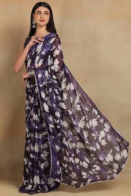 Mirchi fashion women's purple floral printed chiffon saree with unstitched blouse piece 3