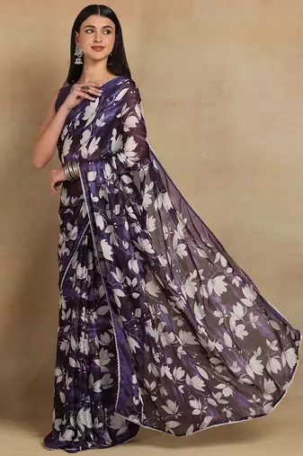 Mirchi fashion women's purple floral printed chiffon saree with unstitched blouse piece