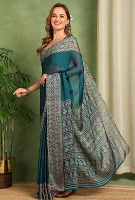 Mirchi fashion women's teal paisley kalamkari print chiffon saree with unstitched blouse piece 3