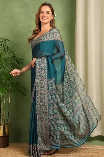 Mirchi fashion women's teal paisley kalamkari print chiffon saree with unstitched blouse piece
