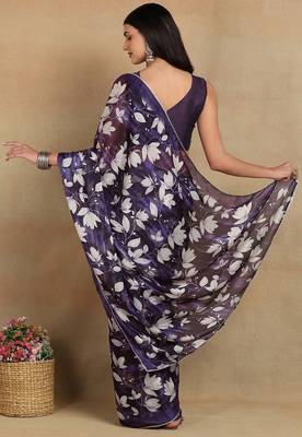 Mirchi fashion women's purple floral printed chiffon saree with unstitched blouse piece 4