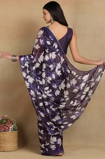 Mirchi fashion women's purple floral printed chiffon saree with unstitched blouse piece