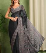 Mirchi fashion women's black paisley kalamkari print chiffon saree with unstitched blouse piece
