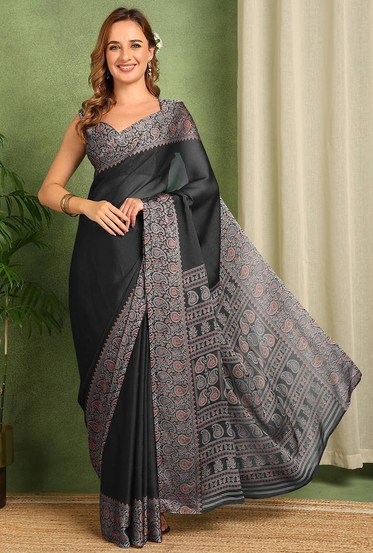 Mirchi fashion women's black paisley kalamkari print chiffon saree with unstitched blouse piece