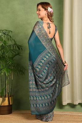 Mirchi fashion women's teal paisley kalamkari print chiffon saree with unstitched blouse piece 4
