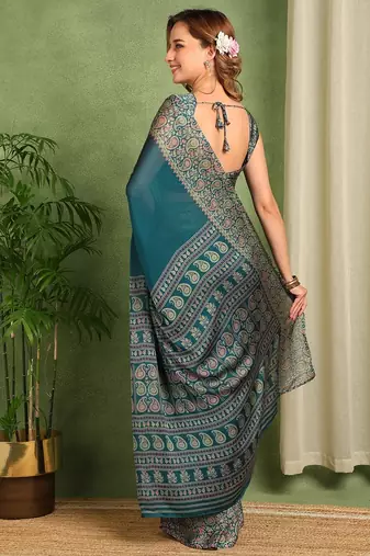 Mirchi fashion women's teal paisley kalamkari print chiffon saree with unstitched blouse piece