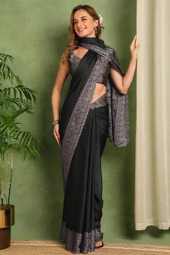 Mirchi fashion women's black paisley kalamkari print chiffon saree with unstitched blouse piece