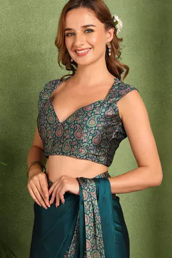 Mirchi fashion women's teal paisley kalamkari print chiffon saree with unstitched blouse piece