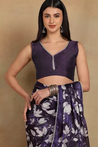 Mirchi fashion women's purple floral printed chiffon saree with unstitched blouse piece