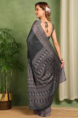 Mirchi fashion women's black paisley kalamkari print chiffon saree with unstitched blouse piece 3
