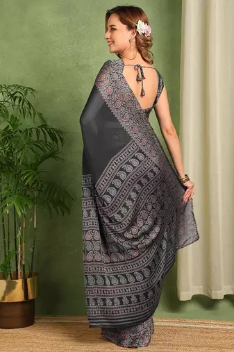 Mirchi fashion women's black paisley kalamkari print chiffon saree with unstitched blouse piece