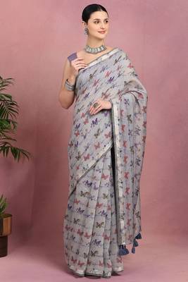 Mirchi fashion women's grey floral printed cotton blend saree with unstitched blouse piece 1