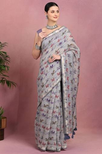 Mirchi fashion women's grey floral printed cotton blend saree with unstitched blouse piece